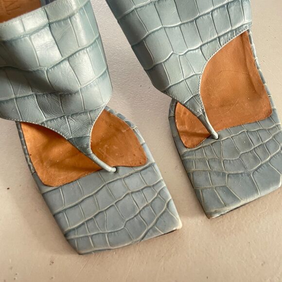 TORAL Animal Print Croc Embossed Leather T Bar Heeled Sandals Blue 40 - Picture 3 of 11